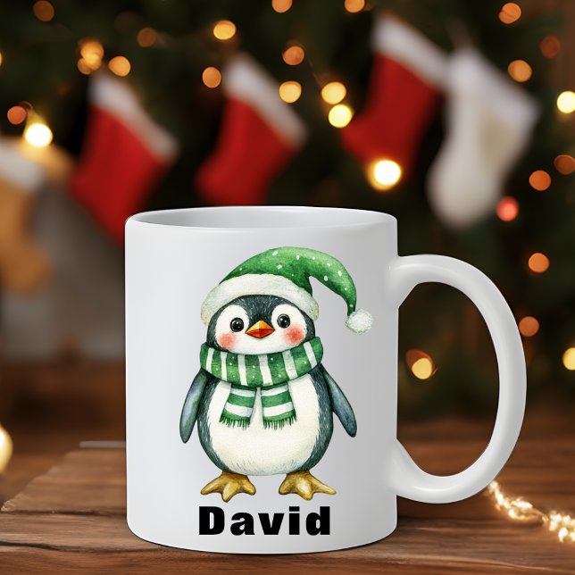 Personlig Grönt Hat Penguin-eget namn Mugg (Personalized Green Hat Penguin Custom Name Mug)
