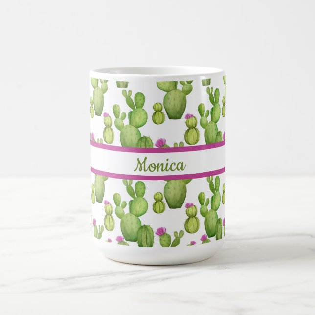 Personlig, Grönt och Lila, Cactus Pattern Kaffemugg (Center)