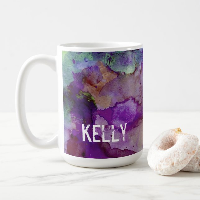 Personlig Grönt och Lila vattenfärgsplacering 3 Kaffemugg (Med munk)