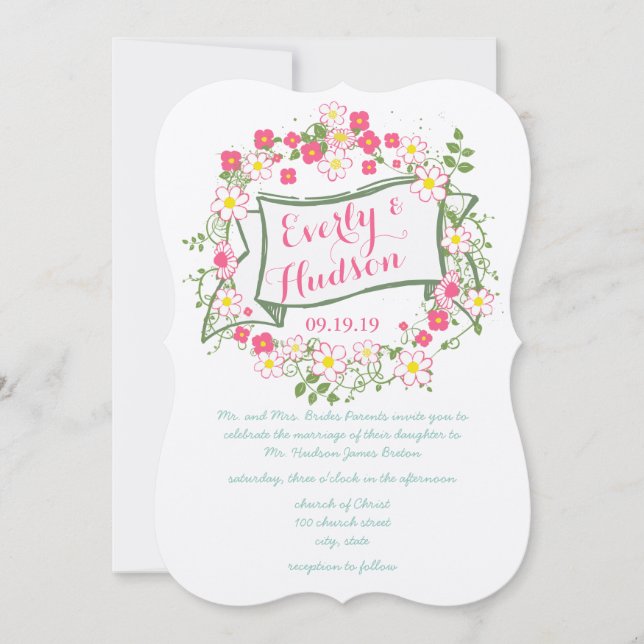 Personlig Grönt och Rosa Garland Bröllop Inbjudningar (Framsida)