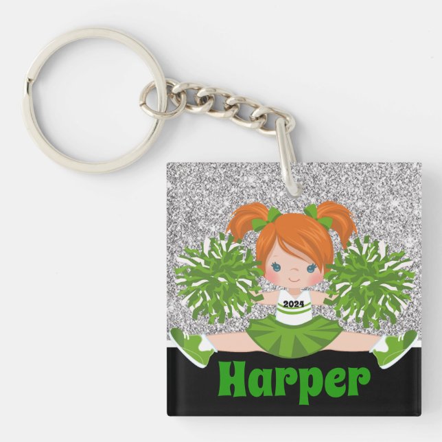 Personlig Grönt och Silver Cheerlead Keychain (Framsidan)