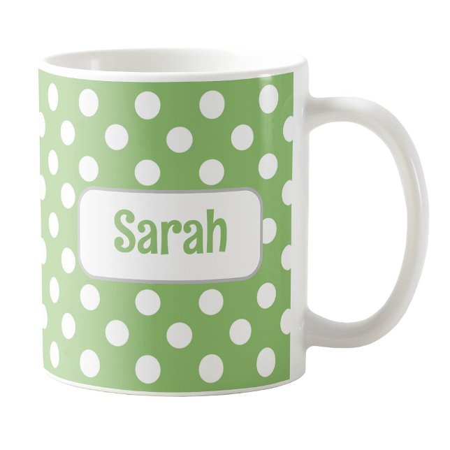 Personlig Grönt Polka Dot Mugg (Personalized Green Polka Dot Mug at Amy's Coffee Mugs on Zazzle. )