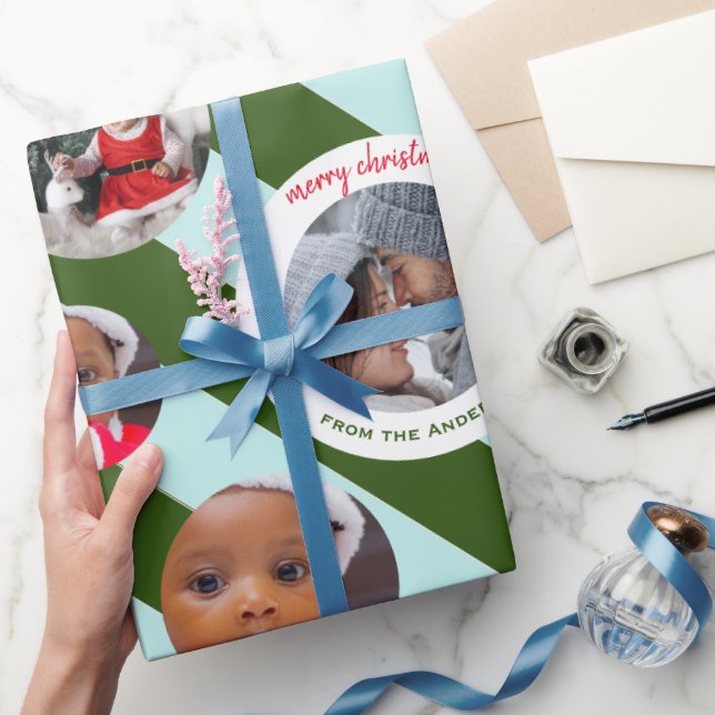Personlig Grönt Rand Fab Three Photo Julafton Presentpapper (Gifting)