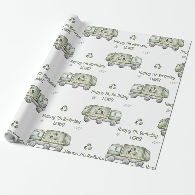 Personlig Grönt Sopor Lastbil Födelsedagsfest Presentpapper (Personalized Green Garbage Truck Birthday Party Wrapping Paper)