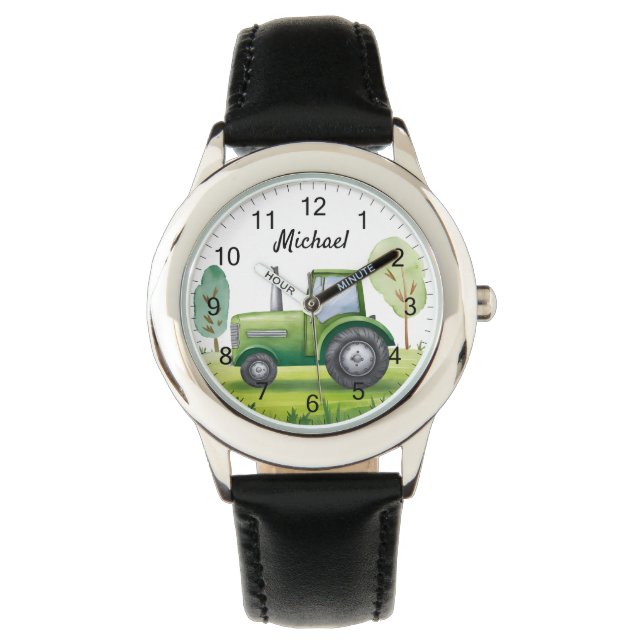 Personlig Grönt Tractor Farm Watercolor Kids Armbandsur (Framsida)