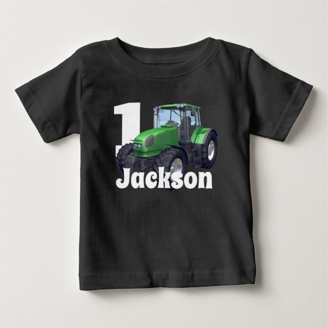 Personlig Grönt Tractor First Birthday  T Shirt (Framsida)
