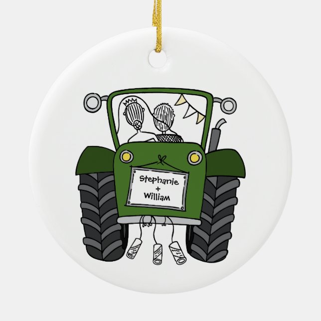 Personlig Grönt Tractor Landsbyggsbröllop Gift Julgransprydnad Keramik (Baksidan)