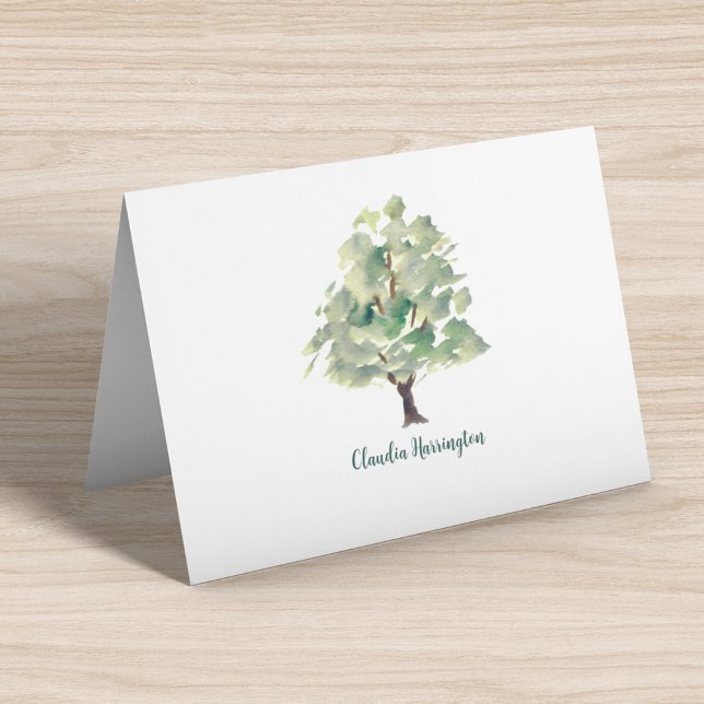 Personlig Grönt Träd Handmålad vattenfärgsfärg Anteckningskort (This all-occasion watercolor tree note card is hand-painted and unique in the world.)