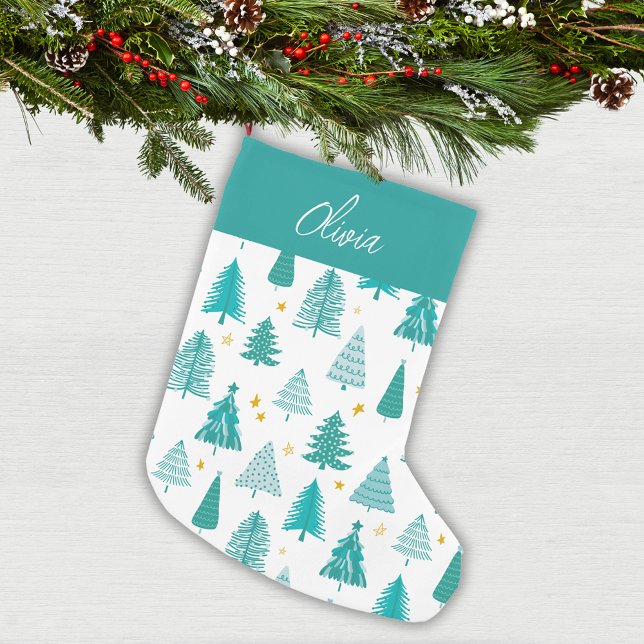 Personlig Grönt Winter Forest Julgran Liten Julstrumpa (Modern and simple winter woodland Christmas tree design: Personalized  Christmas Stocking)