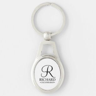 Personlig Groomsmans Namn och Monogram Ovalt Silverfärgad Nyckelring