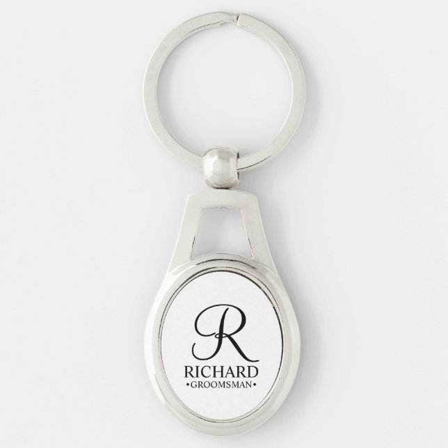 Personlig Groomsmans Namn och Monogram Ovalt Silverfärgad Nyckelring (Framsidan)