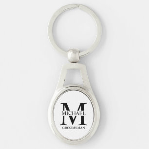Personlig Groomsmans Namn och Monogram Ovalt Silverfärgad Nyckelring