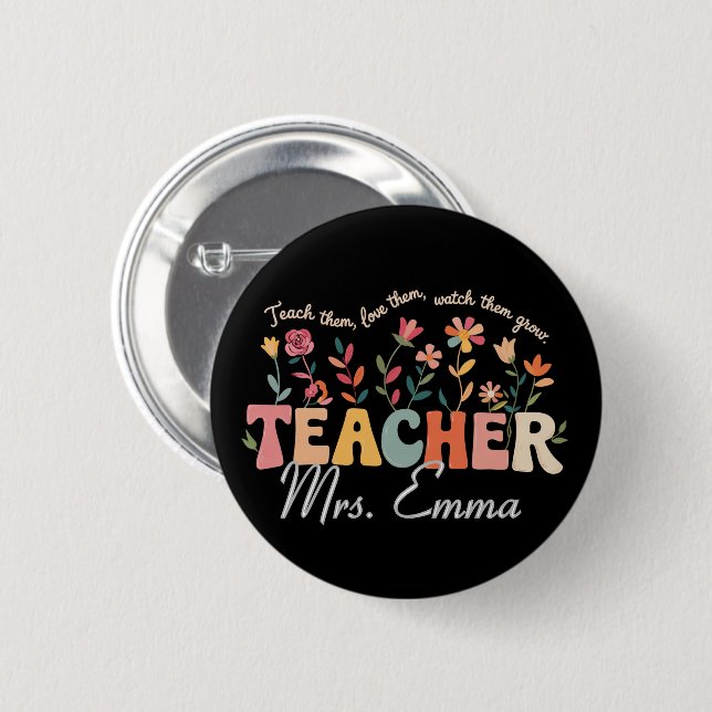 Personlig Groovy Flowers Teacher Anpassningsbar Gi Knapp (Framsida & baksida)