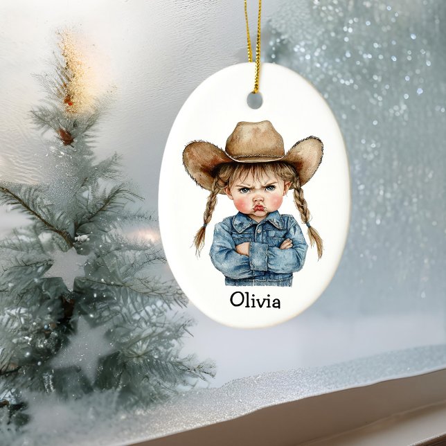 Personlig Grumpy Cowgirl i Denim Jacka Julgransprydnad Keramik (Skapare uppladdad)