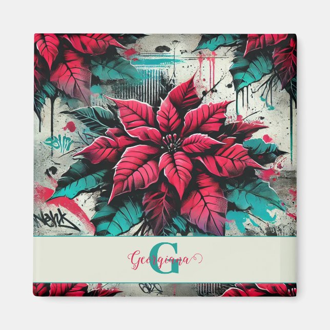 Personlig Grungy Poinsettia Blommigt Graffiti Magnet (Framsidan)