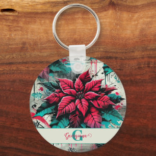 Personlig Grungy Poinsettia Blommigt Graffiti Nyckelring