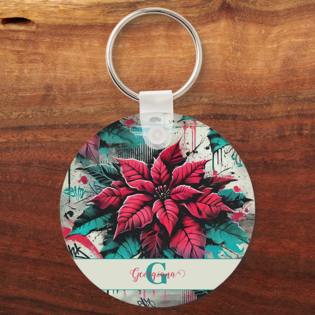 Personlig Grungy Poinsettia Blommigt Graffiti Nyckelring (Framsida)