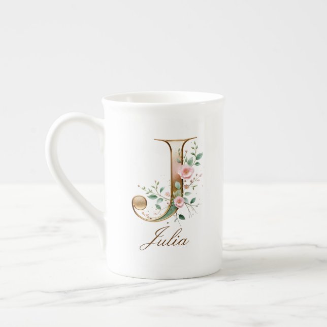 Personlig gul blomsterinitial J Benporslin Mugg (Vänster)