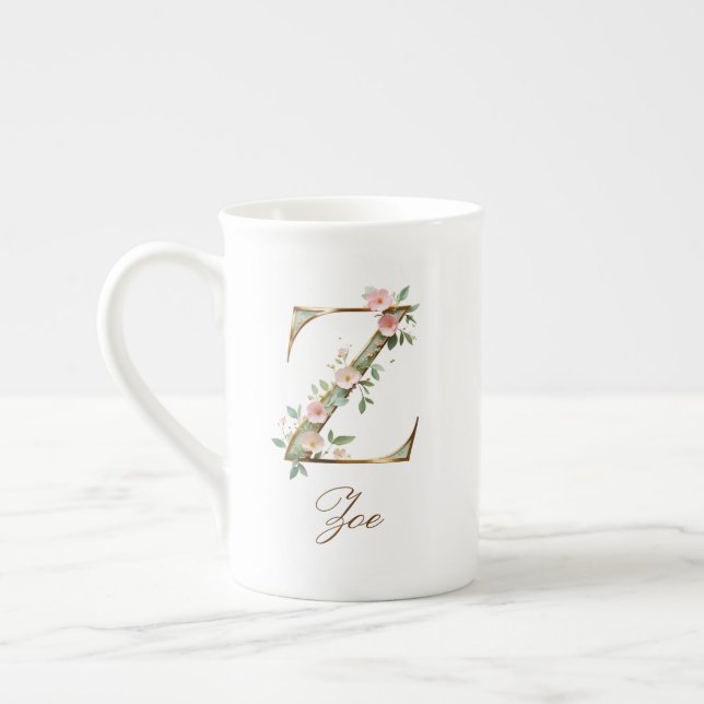 Personlig gul blomsterinitialmonogram Z Benporslin Mugg (Vänster)