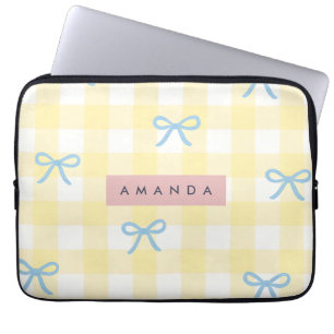 Personlig gul gingham och blå rosett pastell laptop fodral