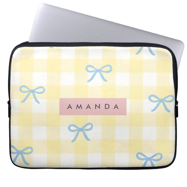 Personlig gul gingham och blå rosett pastell laptop fodral (Framsidan)