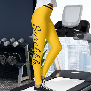 Personlig Gul Orange Svart Ränder Söt Namn Leggings