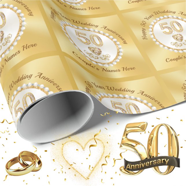 Personlig Guld, 50-årsjubiléet Wrapping Papper Presentpapper (50th Anniversary Wrapping Paper. Personalized 50th Wedding Anniversary Gift Wrap. Golden Anniversary)