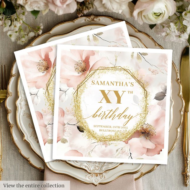 Personlig  Guld 90 Födelsedagsfest Napkins Pappersservett (Personalized Blush Gold 90 Birthday Party Napkins)