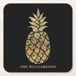 Personlig Guld ananas på svart Underlägg Papper Kvadrat