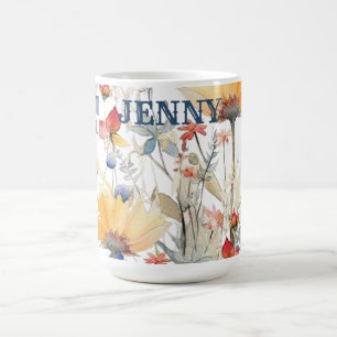 Personlig guld blå boho vildblommor mugg