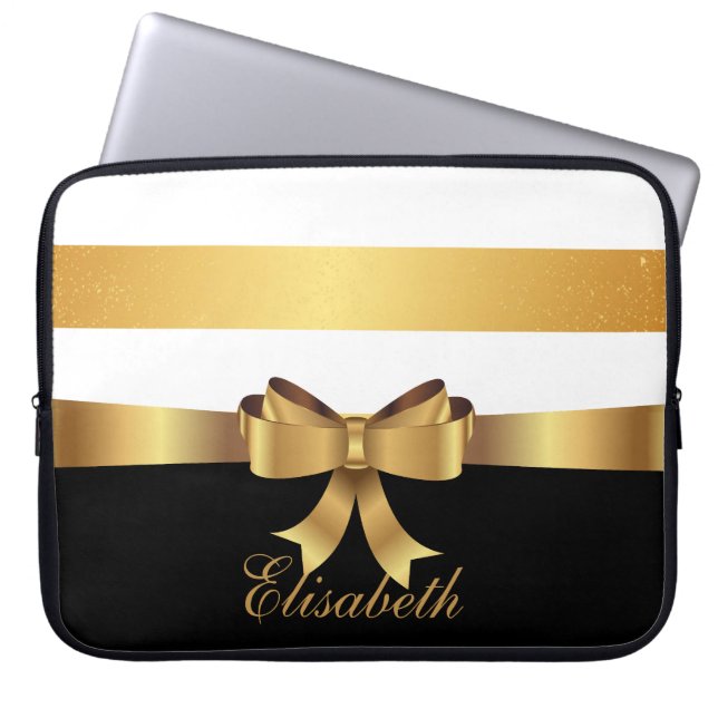 Personlig Guld, Black Bold Rand Golden BOW Laptop Sleeve (Framsidan)