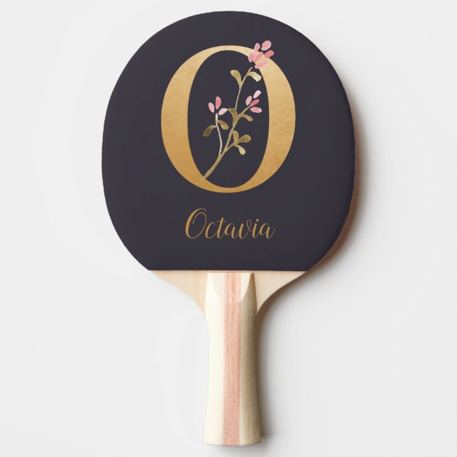 Personlig Guld Blue Elegant Blommigt Monogram O Pingisracket (Framsidan)