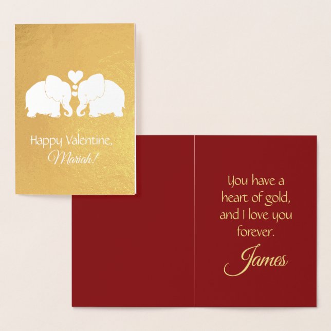 Personlig Guld elefanter med hjärtan Valentine Folierat Kort (Display)
