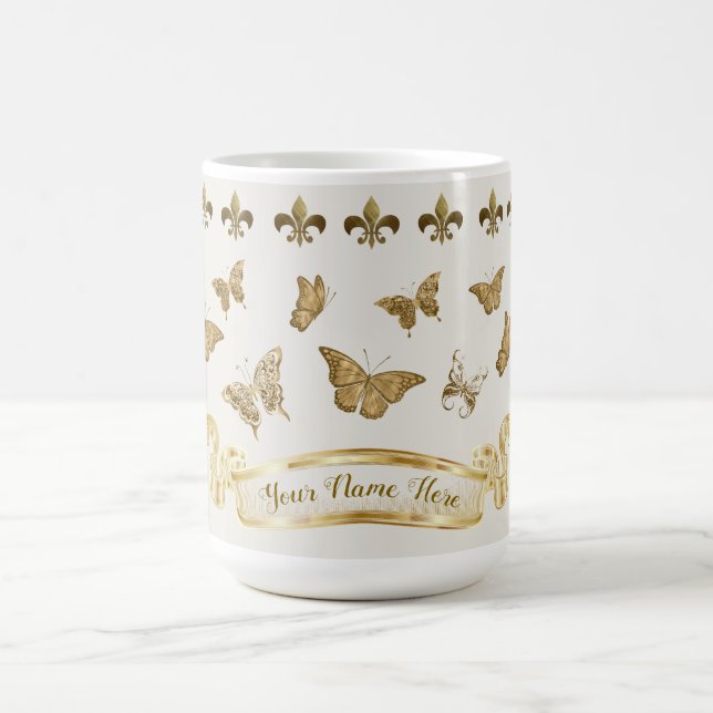 Personlig guld fjäril Fleur de Lis 15 oz Kaffemugg (Center)