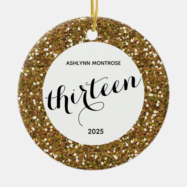 Personlig Guld Glitter 13:e födelsedagen Julgransprydnad Keramik (Framsidan)