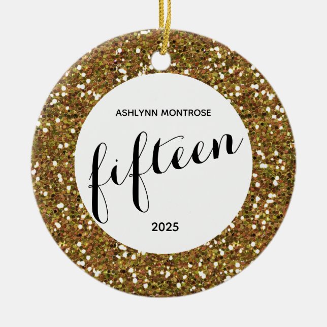 Personlig Guld Glitter 15:e födelsedagen Julgransprydnad Keramik (Framsidan)