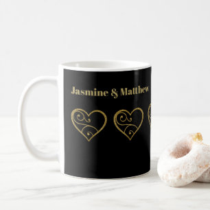 Personlig Guld Glitter Hjärter på svart Kaffemugg
