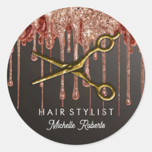 Personlig Guld Glitter Sissor Hair Salon Runt Klistermärke