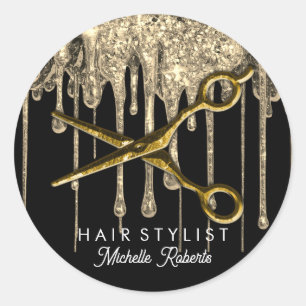 Personlig Guld Glitter Sissors Hair Salon Clas Runt Klistermärke