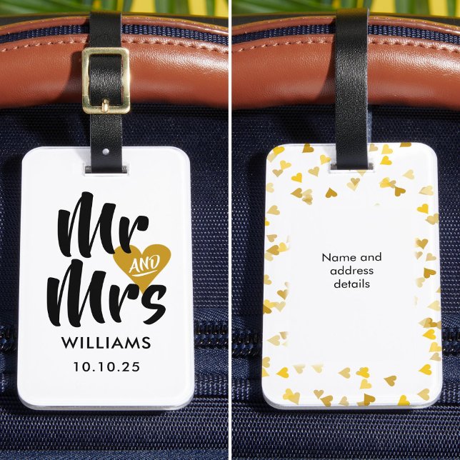 Personlig Guld Heart Mr. och Mrs. Bagagebricka (Personalized Gold Heart Mr and Mrs Luggage Tag)
