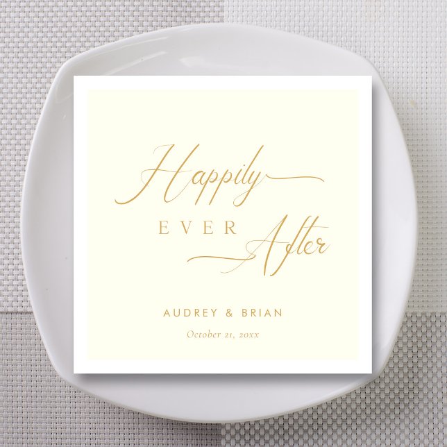 Personlig Guld, lyckligtvis allt efter Elfenbensku Pappersservett (Personalized Gold Happily Ever After Ivory Wedding Napkins)