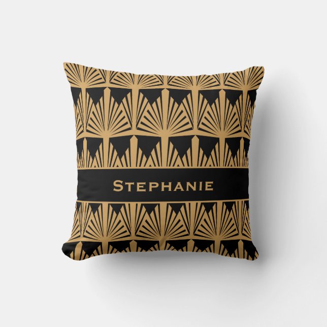 Personlig Guld och Black Art Deco Mönster Kudde (Framsida)