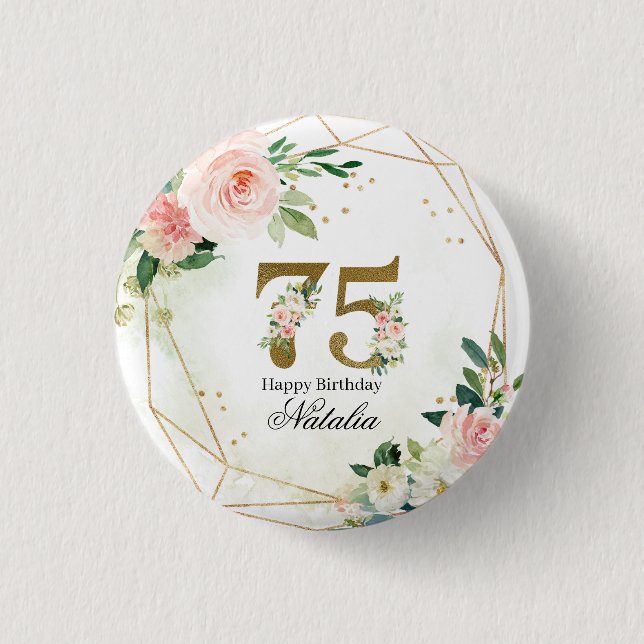 Personlig guld- och blomster- 75-årsfirande knapp (Framsida)