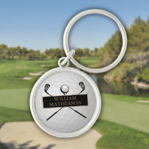 Personlig Guld och svarta golfKlubbar och Boll Rund Silverfärgad Nyckelring