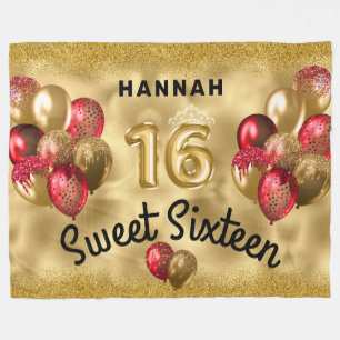 Personlig Guld Red Glitter Ballons Sweet 16 Fleecefilt