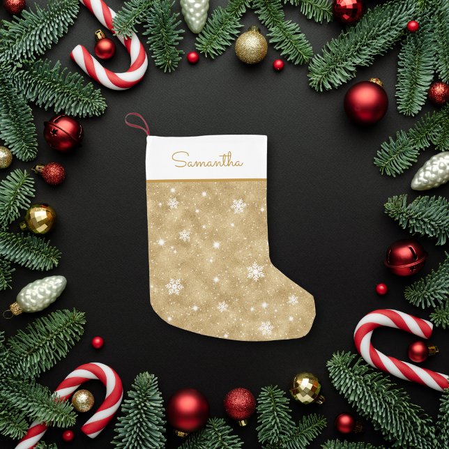 Personlig Guld Snöflingor Stars Mönster i Glitter Liten Julstrumpa (Skapare uppladdad)