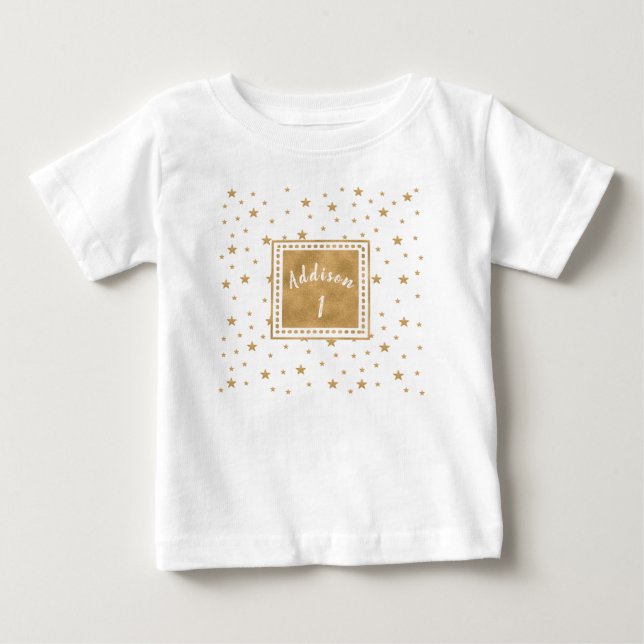 Personlig Guld Star Glitter Birthday T Shirt (Framsida)