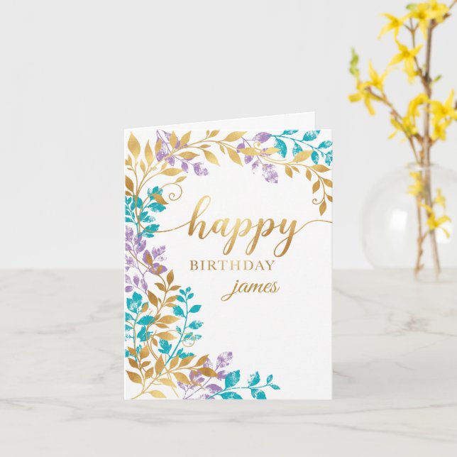 Personlig guld teal blomsterfödelsedags kort (Gul blomma)