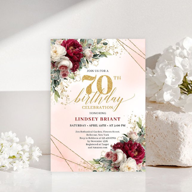 Personlig guldblommig 70-års inbjudan (Personalized Gold Floral 70th Birthday Invitation)