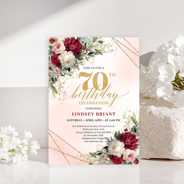 Personlig guldblommig 70-års inbjudan för män (Personalized gold floral 70th birthday invite men

)